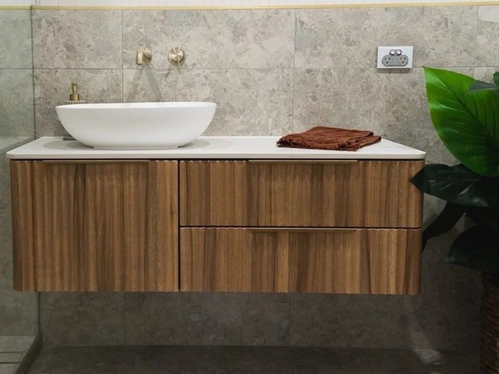 Timber vanity, vessel basin and brass wall set